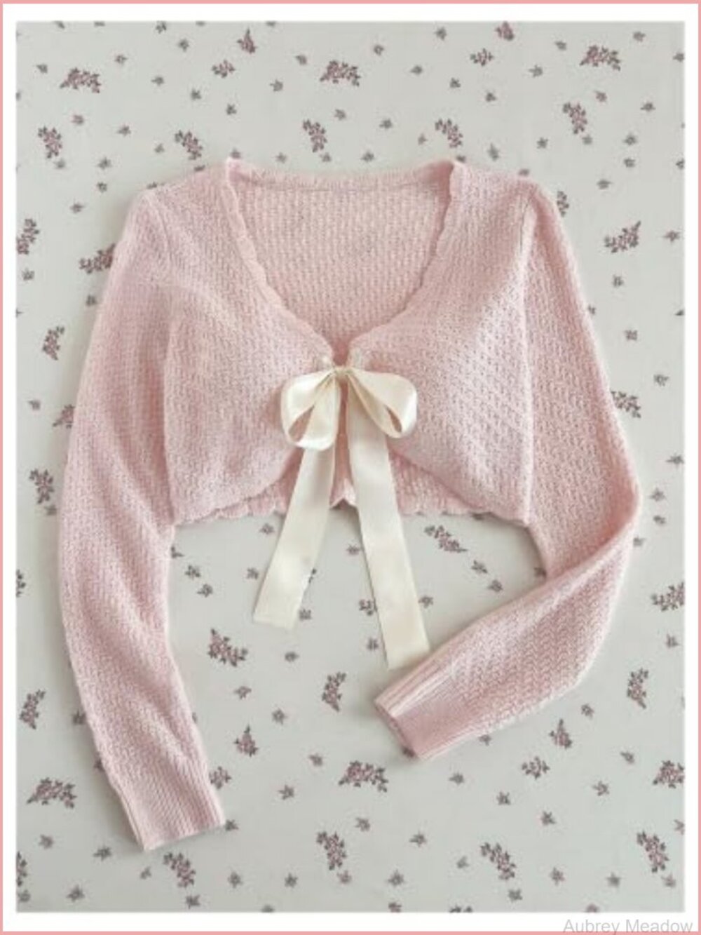 Crochet Knit Cardigan Sweater - V Neck Bow Tie Front Scalloped Trim Cropped - Picture 4 of 6
